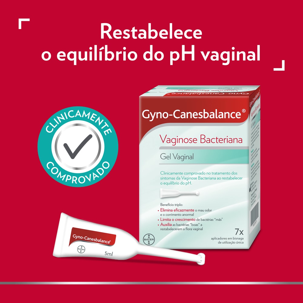 Ícone de clinicamente comprovado  para o tratamento dos sintomas de vaginose bacteriana com imagem de Gyno-Canesbalance gel vaginal e legenda no topo: Restaura o equilíbrio do pH vaginal