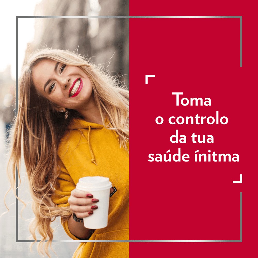 Jovem loira sorridente, com legenda no lado direito da imagem: eficaz no alívio dos 6 principais sintomas de candidíase.
