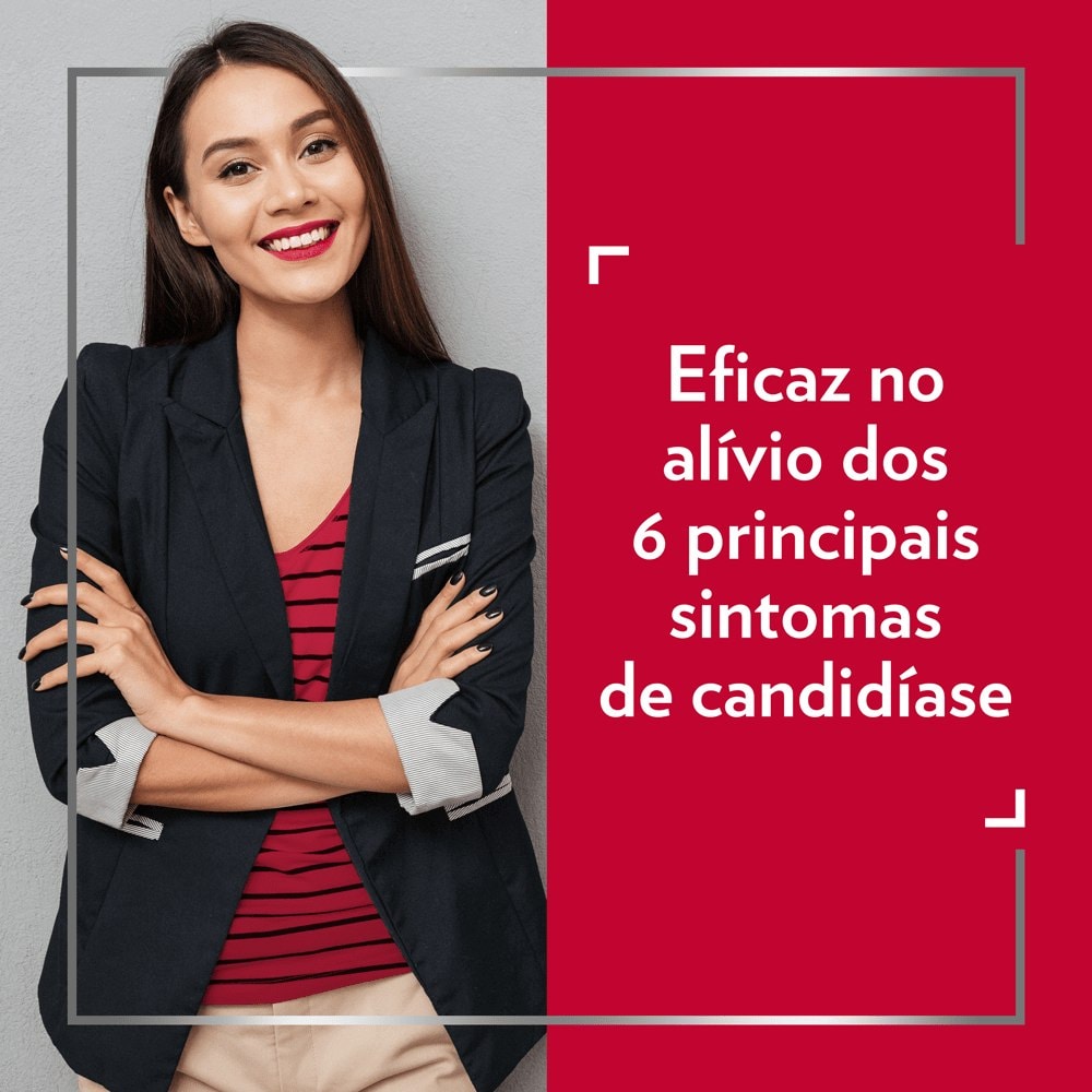 Jovem morena sorridente com legenda no lado direito da imagem: eficaz no alívio dos 6 principais sintomas de candidíase.