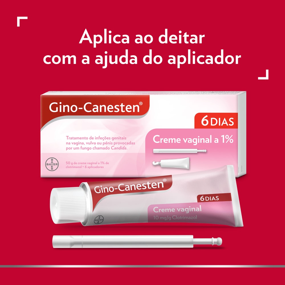 Gino-Canesten Creme Vaginal com aplicador com a seguinte descrição no topo: Aplica ao deitar com a ajuda do aplicador