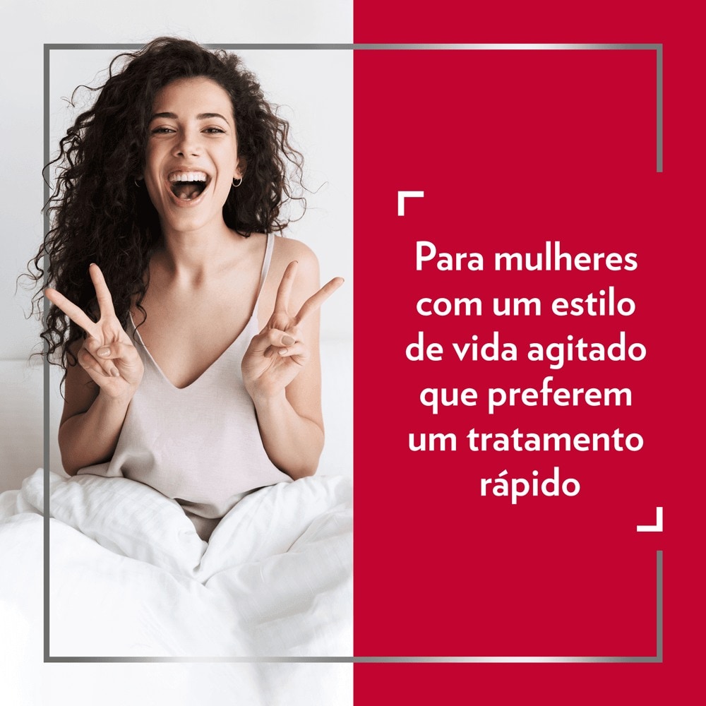 Mulher jovem sorridente com cabelo escuro a fazer o sinal de vitória, legenda no lado direito da imagem: Para mulheres ativas com um dia a dia agitado ou que preferem um tratamento para a candidíase de curta duração