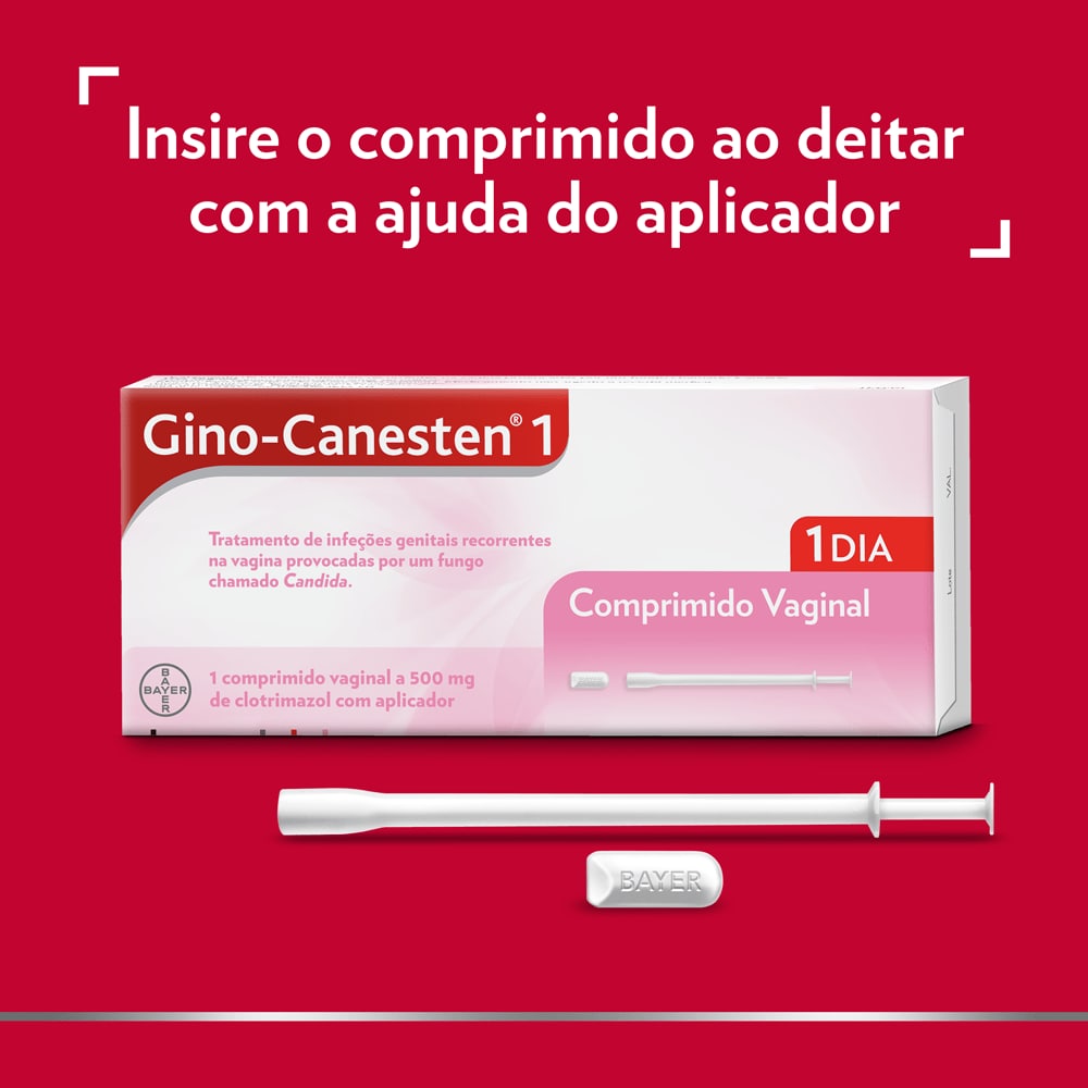 Gino-Canesten 1 comprimido vaginal com legenda no topo: Usa o aplicador para colocar corretamente o comprimido vaginal