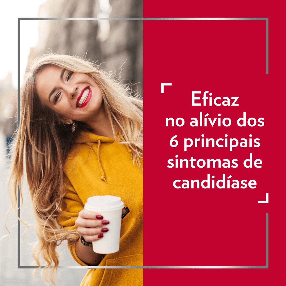 Jovem loira sorridente, com legenda no lado direito da imagem: eficaz no alívio dos 6 principais sintomas de candidíase.