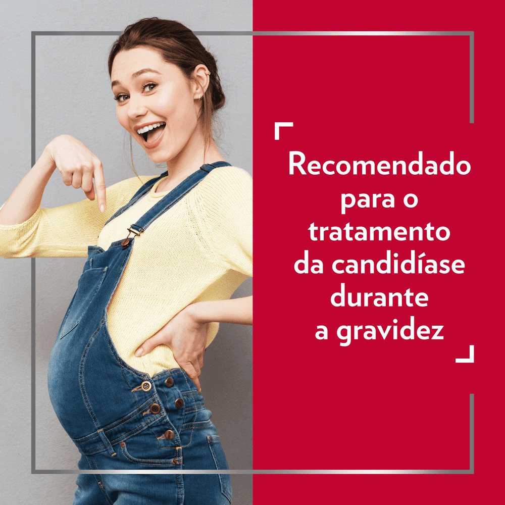 Mulher jovem grávida e contente, a usar uma blusa amarela enquanto aponta para a sua barriga, com a seguinte descrição à direita: Recomendado para o tratamento da candidíase durante a gravidez