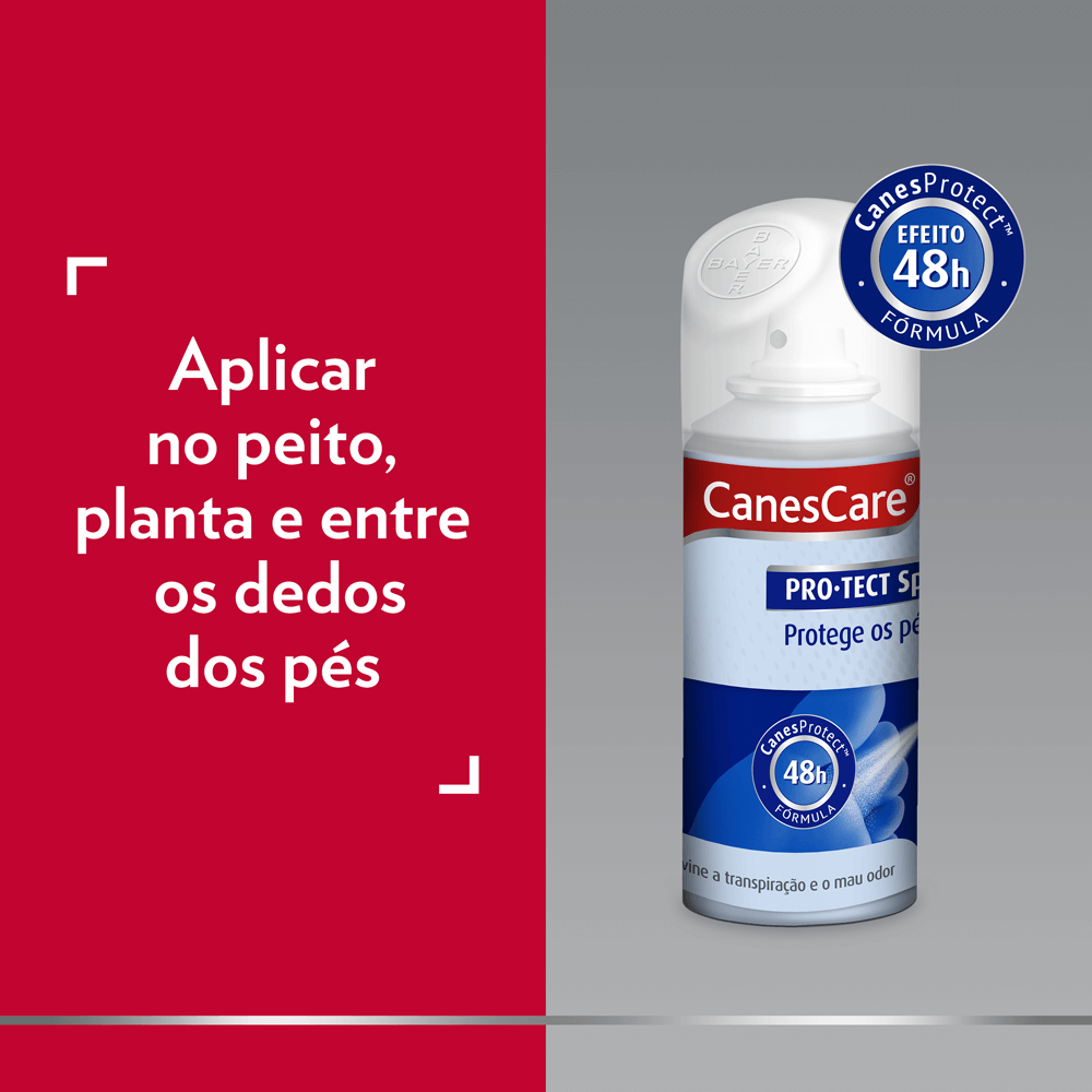 Packshot do lado direito com selo 48 horas e descrição do lado esquerdo: Aplicar no peito, planta e entre os dedos dos pés 