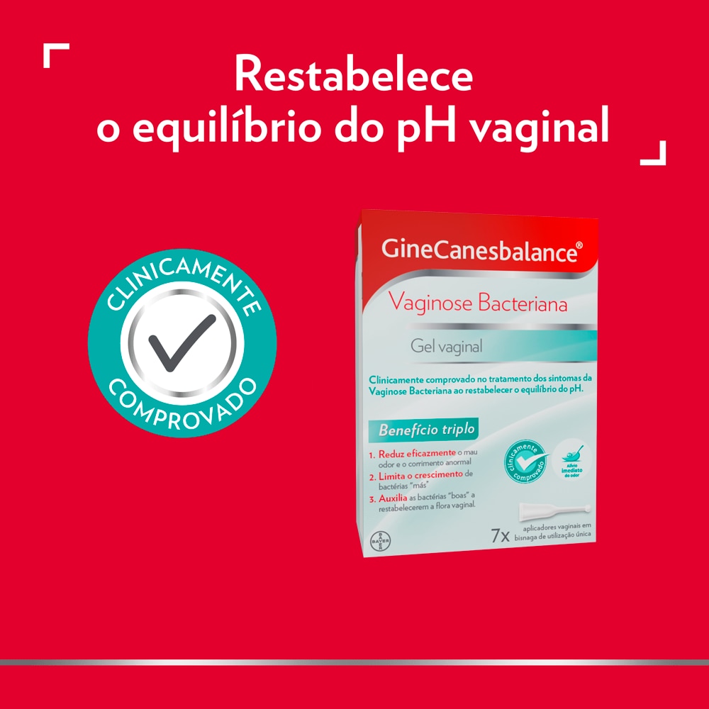 Ícone de clinicamente comprovado  para o tratamento dos sintomas de vaginose bacteriana com imagem de Gyno-Canesbalance gel vaginal e legenda no topo: Restaura o equilíbrio do pH vaginal