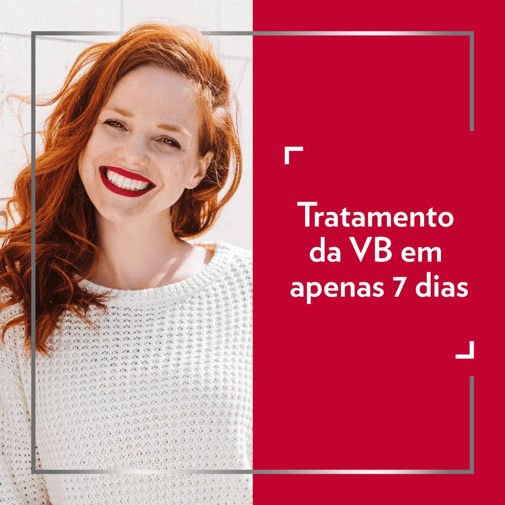 Mulher ruiva sorridente, com legenda no lado direito da imagem: Tratamento da vaginose bacteriana em apenas 7 dias