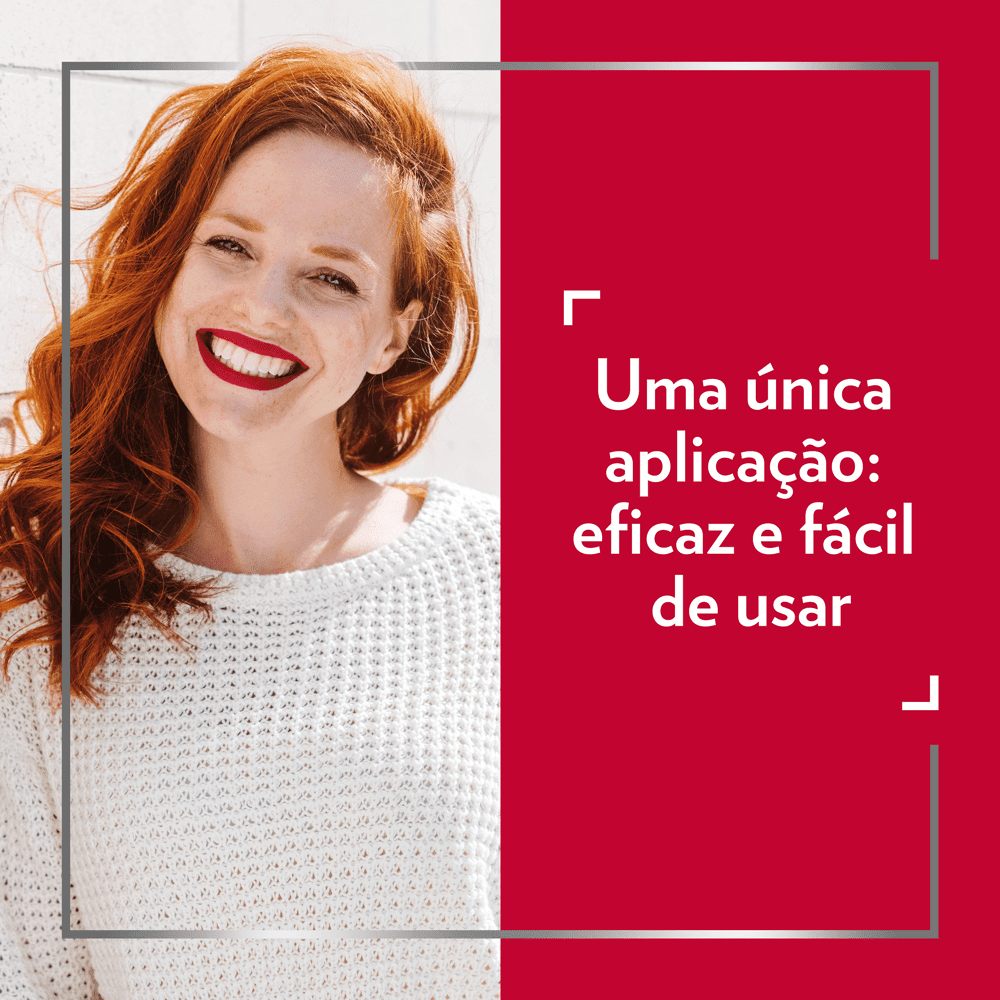 Jovem sorridente, com roupas formais e os braços cruzados satisfeita com o tratamento Canesten, com a seguinte descrição à direita: Dose única, de aplicação fácil e eficaz no tratamento da Candidíase