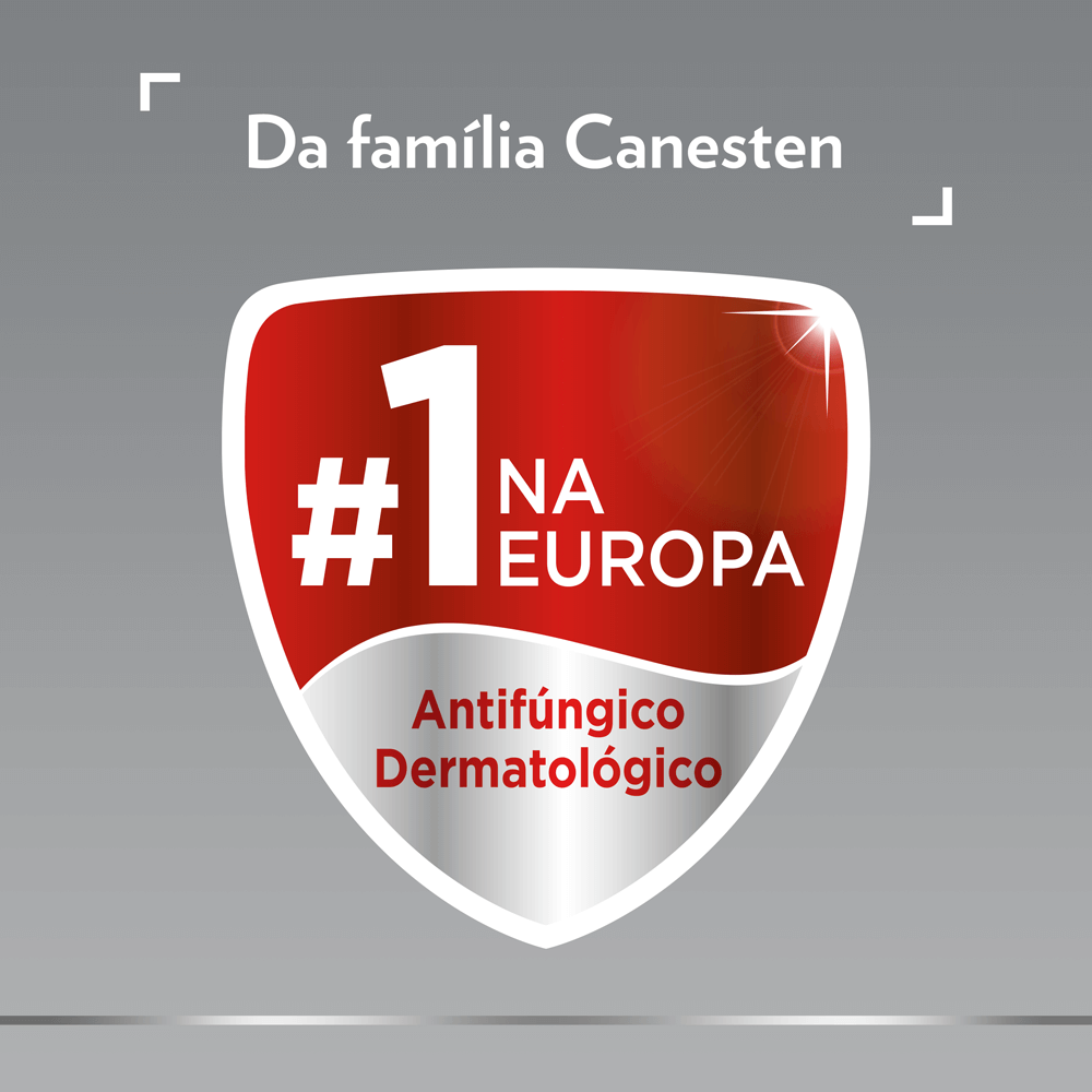 : Símbolo Canesten para marca de antifúngico para a saúde dos pés número #1 na Europa: Antifúngico Dermatológico, legenda em cima: Da família Canesten